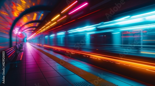 subway passing by in motion blur  moving fast train  empty platform  background is neon lights  cool and urban atmosphere  speed and movement. generative AI