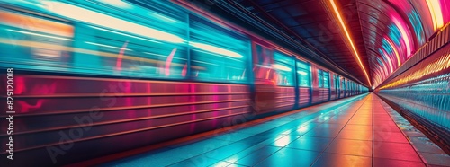 subway passing by in motion blur, moving fast train, empty platform, background is neon lights, cool and urban atmosphere, speed and movement. generative AI