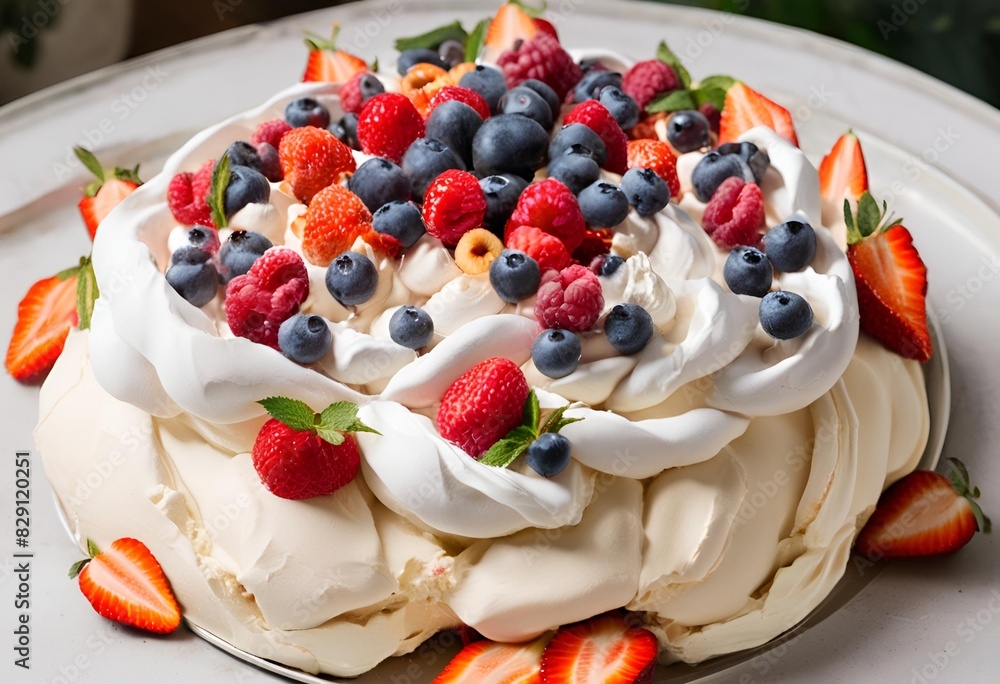 Pavlova, A light meringue dessert topped with whipped cream and a vibrant mix of fresh strawberries, raspberries and blueberries. Pavlova, A light meringue dessert topped with whipped cream and a vibrant mix of fresh strawberries, raspberries and blueberries.