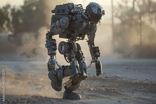 A robot equipped with an exoskeleton stands firmly on the dirt terrain photo