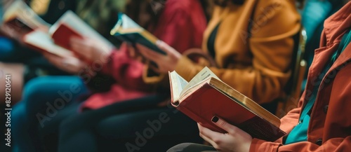 Close up of a group of people reading the bible in church, a diverse mix of young and old sitting together on chairs with an open book isolated over a blurred background.