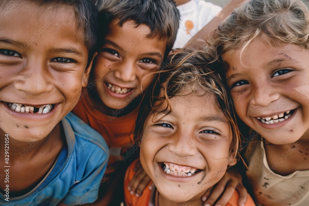 Close up of a group of children smiling and looking at the camera Close up of a group of children smiling and looking at the camera