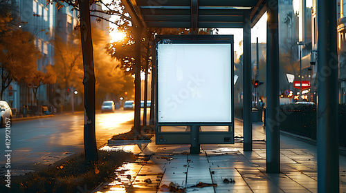 bus shelter at busstop blank white lightbox empty billboard and ad placeholder glass and aluminum structure transit station urban setting city street background stone sidewalk base