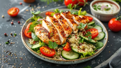 Chicken on Salad. Grilled Chicken Fillet on a Quinoa and Vegetable Plate