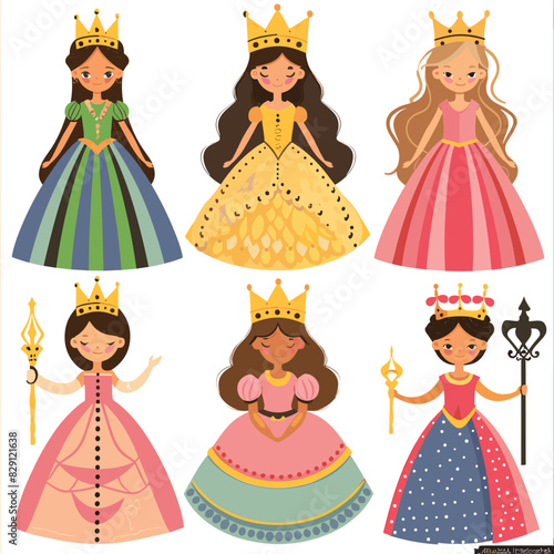 Six cartoon princesses, diverse ethnicities, smiling, wearing colorful royal dresses crowns, childrens fairy tale theme. Princess characters standing, different hairstyles, joyful, fantasy costumes