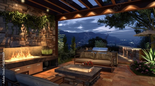 Outdoor Grill. Night Time Patio Atmosphere with Fireplace and Grill