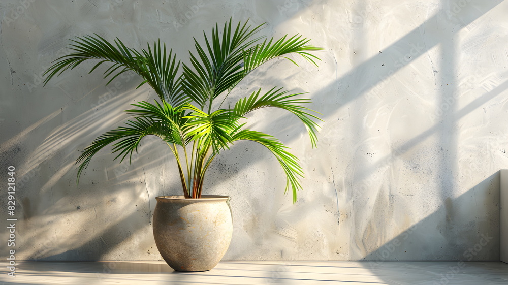 Obraz premium a tropical palm tree pot against a white wall