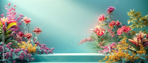 One wide podium, clear upper space, stock photo, tropical flower.