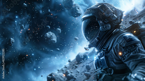 A lone futuristic space pirate in an advanced spacesuit, floating near an asteroid field, with a hidden pirate base visible in the background amidst stars and cosmic dust