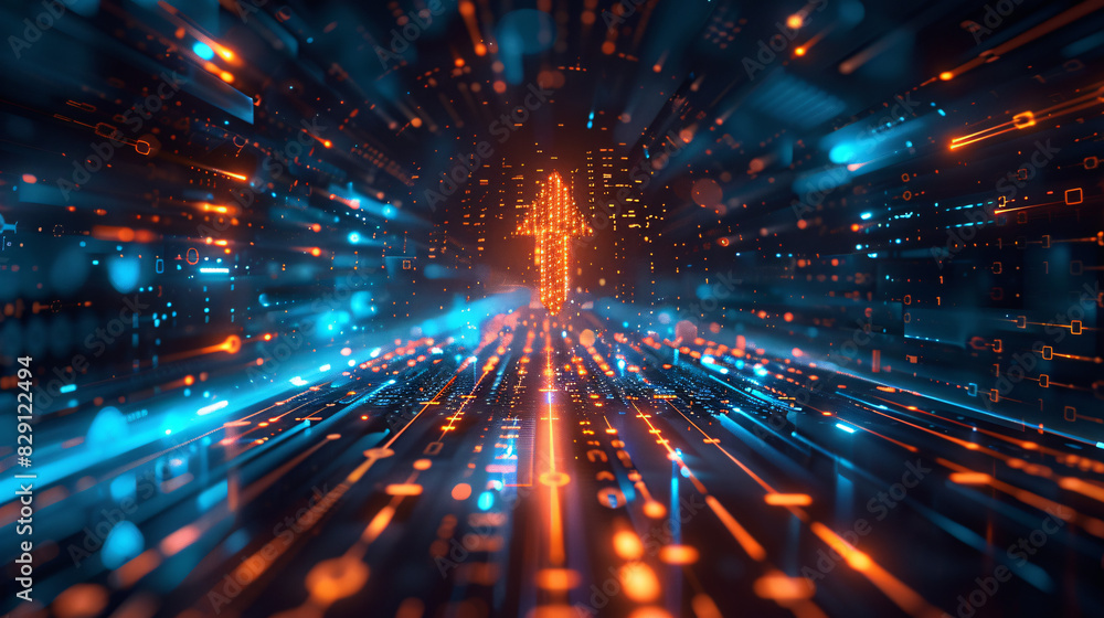 Naklejka premium An abstract digital illustration featuring a glowing arrow pointing upwards, surrounded by a matrix of binary code and futuristic elements