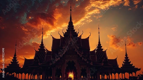 Majestic silhouette of a temple hall  its spires and roofline elegantly framed by the evening sky