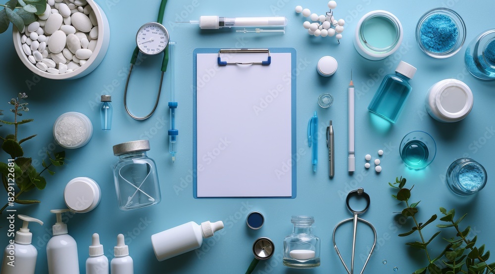 A flat lay composition featuring medical equipment and tools, such as a stethoscope, clipboards, dental floss and a toothpaste tube on a light blue background with copy space A flat lay composition featuring medical equipment and tools, such as a stethoscope, clipboards, dental floss and a toothpaste tube on a light blue background with copy space