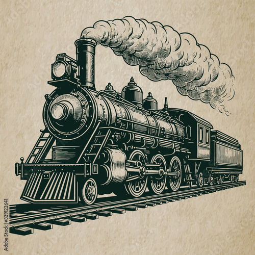 Steam locomotive, old train, Hand drawn illustration