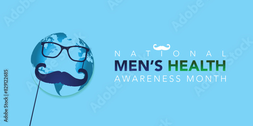 Mens health month concept horizontal banner design template. June is national mens health awareness month vector flyer or poster  about health care for men and implement healthy living decisions.