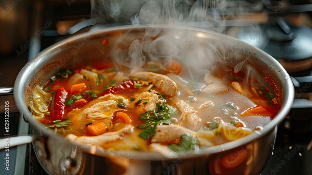 Pot of homemade spicy chicken tom yum soup simmering on the stove, filling the air with mouthwatering aroma Pot of homemade spicy chicken tom yum soup simmering on the stove, filling the air with mouthwatering aroma