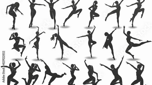 gymnastic characters (girls) detailed vectors or silhouettes set (Black and White
