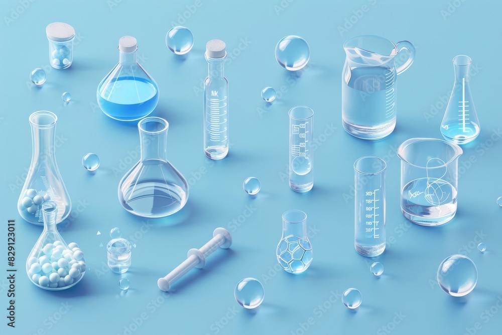 Set of isometric science icons, glass beakers and test tubes, bubbles and organic shapes, light blue background Set of isometric science icons, glass beakers and test tubes, bubbles and organic shapes, light blue background