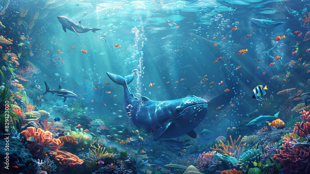 Fototapeta premium An underwater cartoon landscape showcasing a bustling community of marine animals, from cheerful clownfish to majestic whales, amidst swaying seaweed and coral