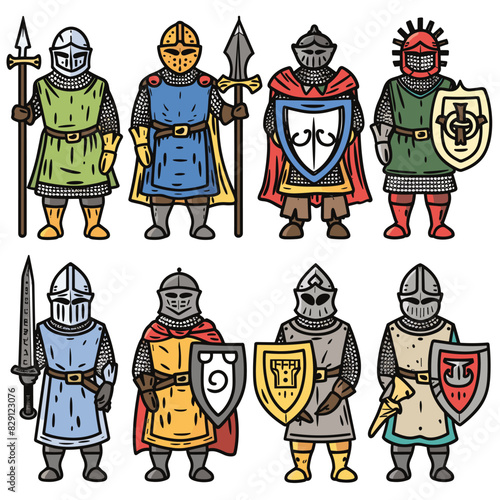 Medieval knights illustrated various poses holding weapons shields. Knights wear armor, helmets, heraldic emblems represent different noble houses. Colorful drawing armored characters depicting