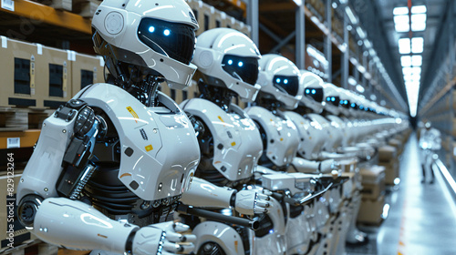 An advanced warehouse where humanoid robots collaborate with humans, passing items back and forth efficiently under a ceiling of pulsating LED lights