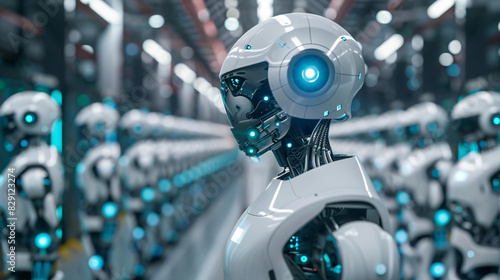 An advanced warehouse where humanoid robots collaborate with humans, passing items back and forth efficiently under a ceiling of pulsating LED lights