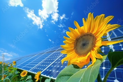 a sunflower in front of solar panels