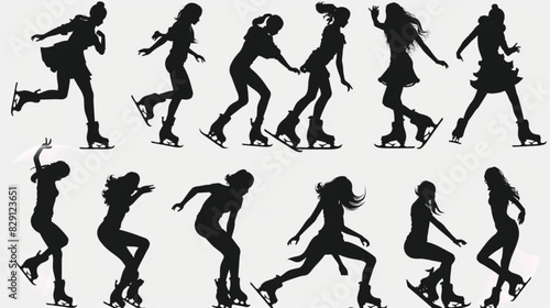 ice skating girls silhouettes 3D avatars set vector icon  white background  black colour icon