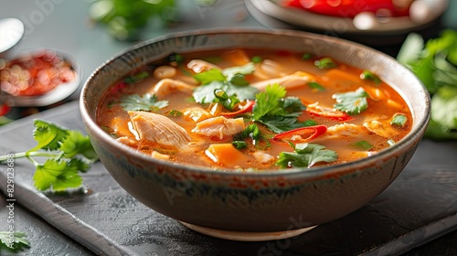 Bowl of mouthwatering tom yum chicken soup garnished with fresh herbs, ready to be savored and enjoyed