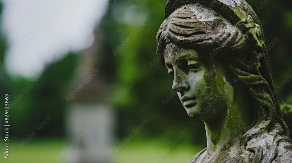 Obraz premium Weathered stone statue in a lush green garden