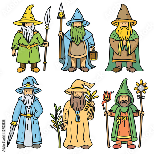 Six different wizards beards, colorful robes, magical staffs, wizard unique magical items wears hats indicative their mystical status. Detailed illustration, vibrant colors, diverse