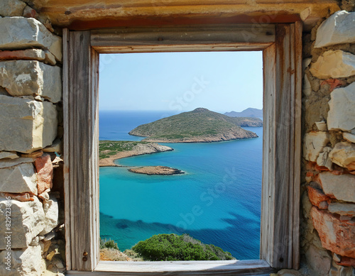 The picturesque view from an open window of an old abandoned stone home reveals the tranquil expanse of the blue Aegean Sea dotted with Aegean islands
