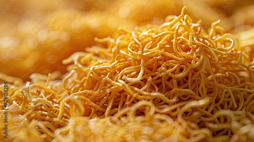 Close-up of golden-brown crispy noodles, ready to be enjoyed as a crunchy snack or topping Close-up of golden-brown crispy noodles, ready to be enjoyed as a crunchy snack or topping