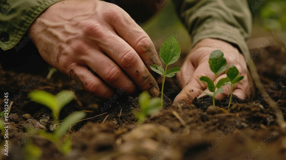 Close-up of hands carefully placing young tree seedlings into the ground, nurturing new forest growth Close-up of hands carefully placing young tree seedlings into the ground, nurturing new forest growth