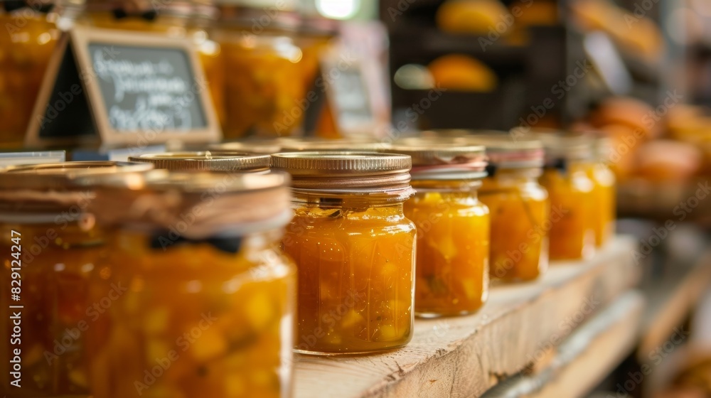 A row of glass jars filled with homemade mango chutney with a nearby sign highlighting the ingredients and cooking process. A row of glass jars filled with homemade mango chutney with a nearby sign highlighting the ingredients and cooking process.