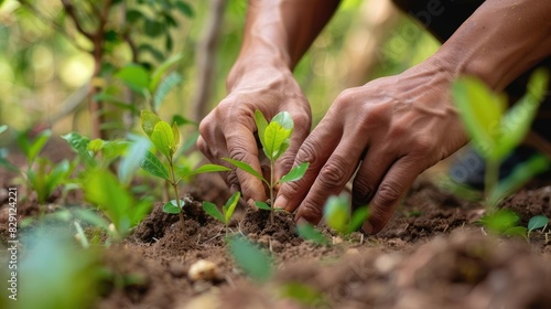 Close-up of hands carefully placing young tree seedlings into the ground, nurturing new forest growth