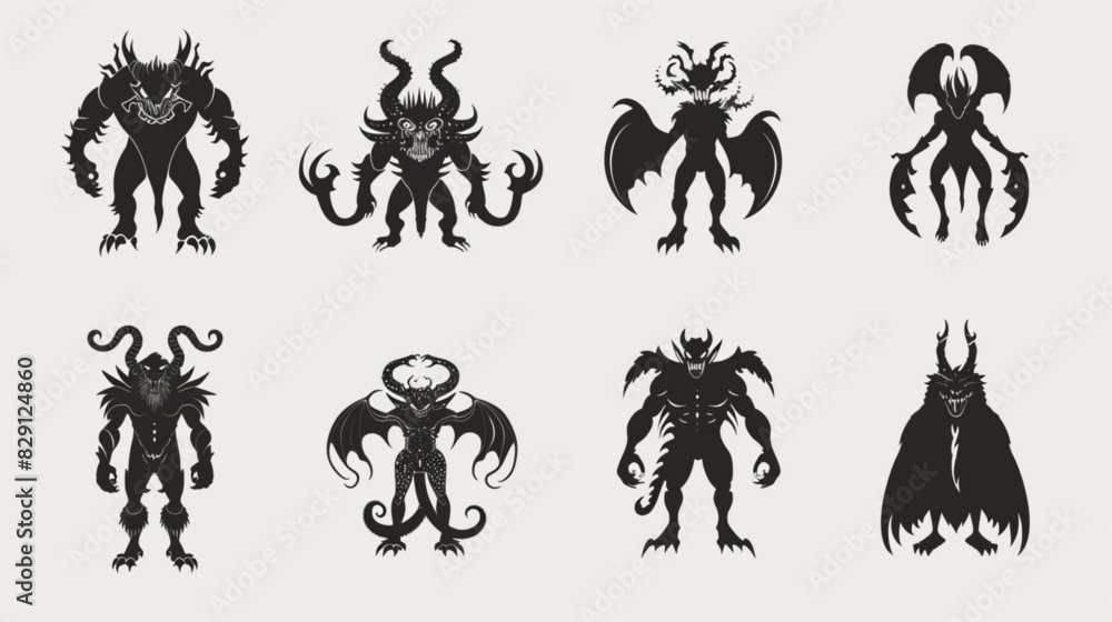 Mythological Monsters detailed Vector or Silhouettes set 02 3D avatars set vector icon, white background, black colour icon