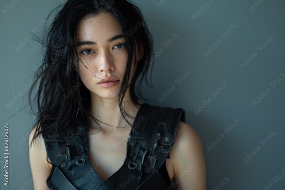 Mysterious asian woman in black leather jacket Mysterious asian woman in black leather jacket