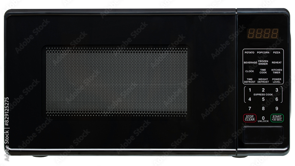 Obraz premium Microwave oven. Black microwave oven for warming food, drink, cooking lunch, defrost meat, cook meal. Electrical kitchen appliances. New equipment for house. Isolated Background