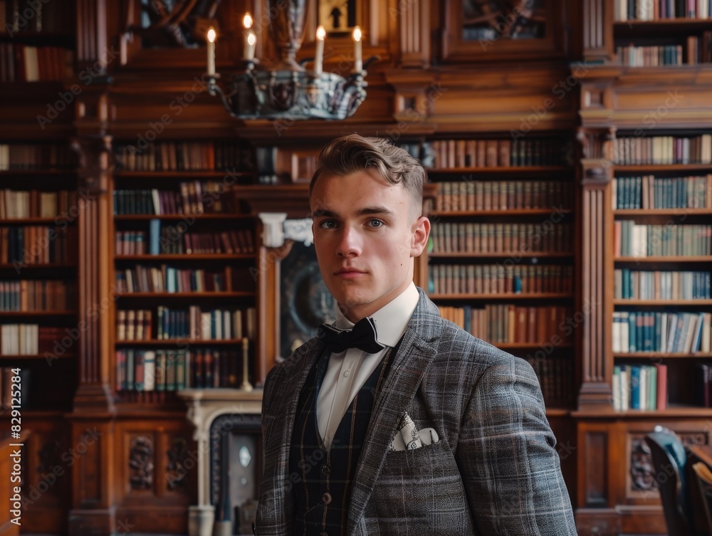 young man in elegant suit posing in library young man in elegant suit posing in library