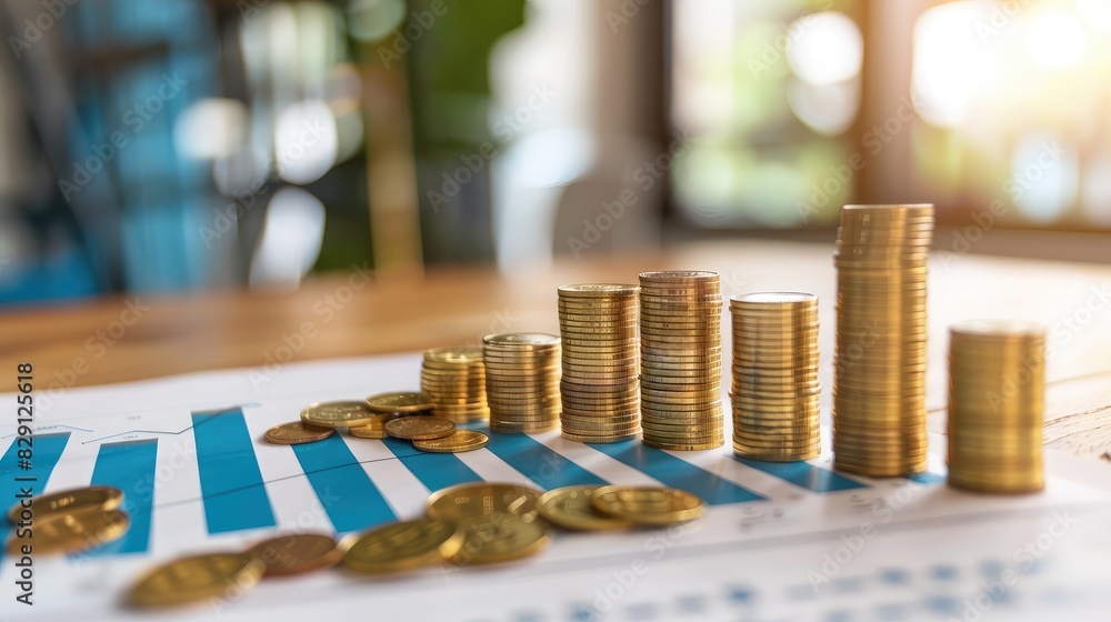 bar graph with gold coins on top of each bar, illustrating increasing wealth and profits bar graph with gold coins on top of each bar, illustrating increasing wealth and profits
