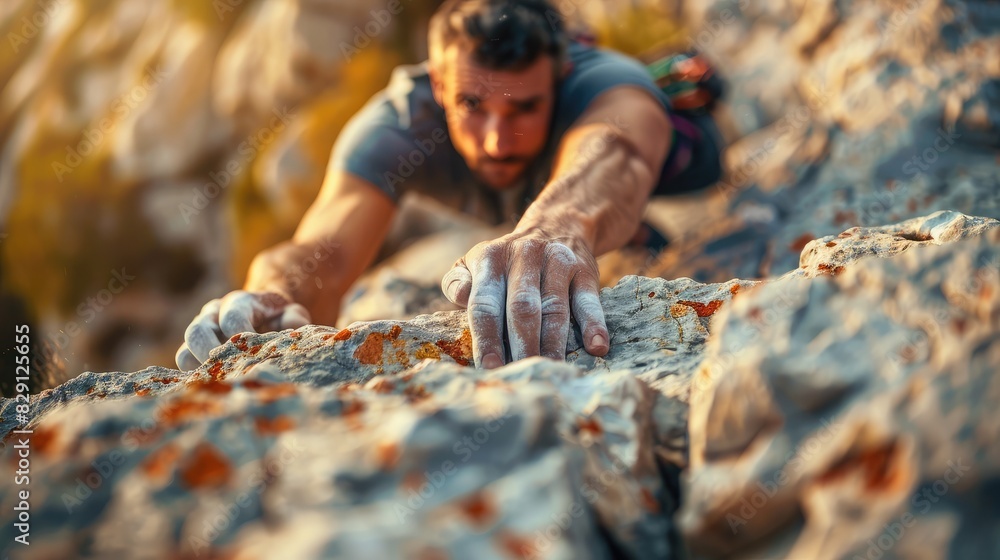 A climber reaching for a handhold on a challenging ascent, showing focus and determination A climber reaching for a handhold on a challenging ascent, showing focus and determination