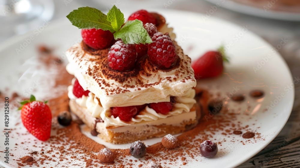 Delicious layered dessert with fresh raspberries and mint Delicious layered dessert with fresh raspberries and mint