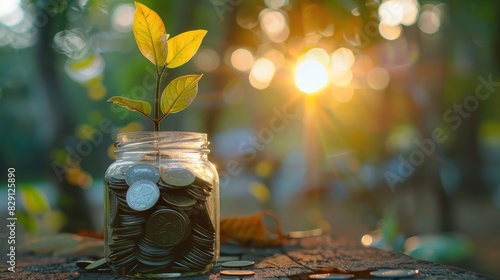 jar filled with coins and a plant sprouting from it, representing saving money and growing wealth photo