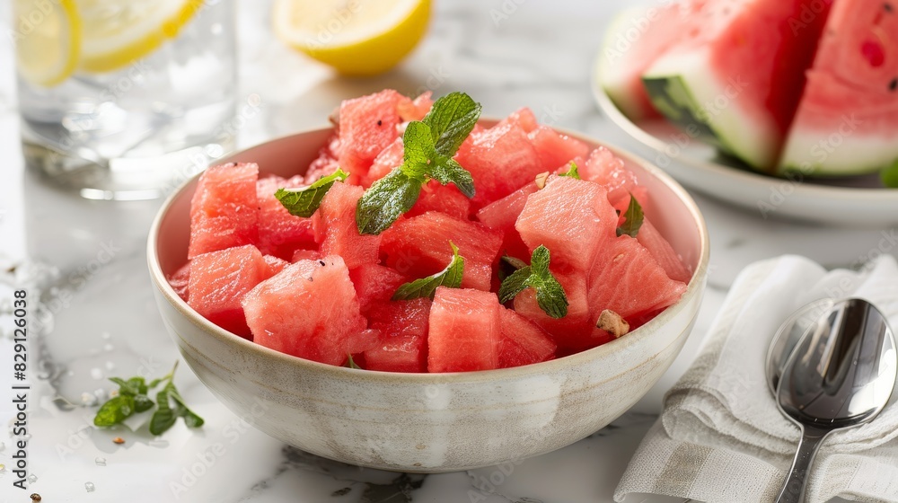 Refreshing Bowl of Chopped Watermelon with Lemon Water on Marble Background Refreshing Bowl of Chopped Watermelon with Lemon Water on Marble Background