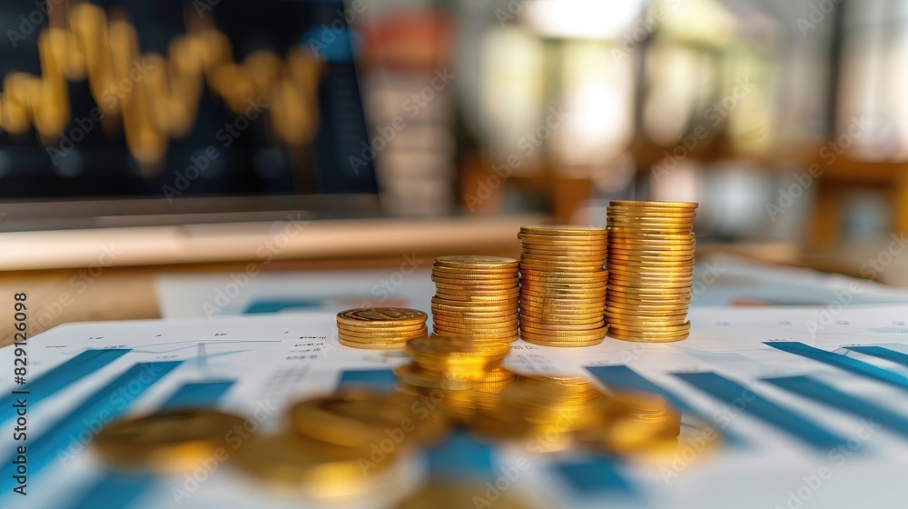 A rising bar graph with gold coins in the foreground, symbolizing profitable financial investments A rising bar graph with gold coins in the foreground, symbolizing profitable financial investments