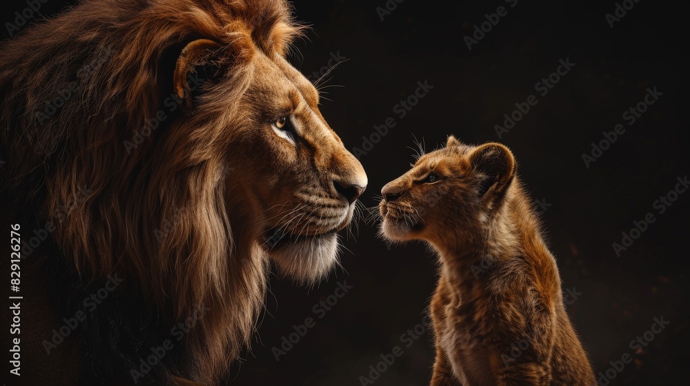 Naklejka premium majestic lion and cub in close encounter