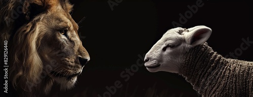 Powerful lion and vulnerable lamb facing off