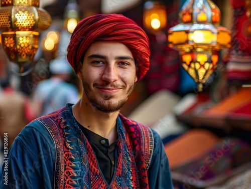 portrait of a smiling man wearing a traditional red turban