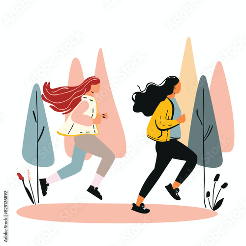 Two women running outdoors, active lifestyle, abstract trees background. Female runners exercising, health concept, colorful modern flat design. Sportswear, teamwork, nature jog, dynamic movement