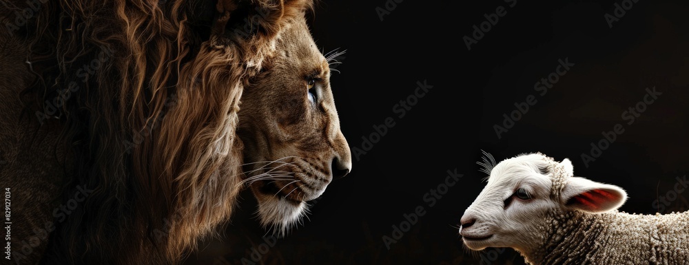 Naklejka premium Powerful lion and innocent lamb